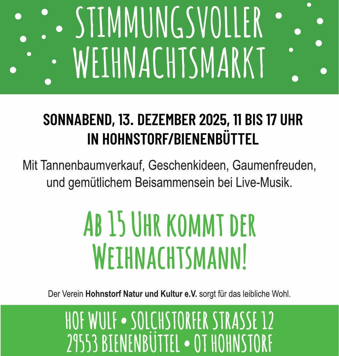 13.12., 11-17 Uhr Weihnachtsmarkt in Hohnstorf